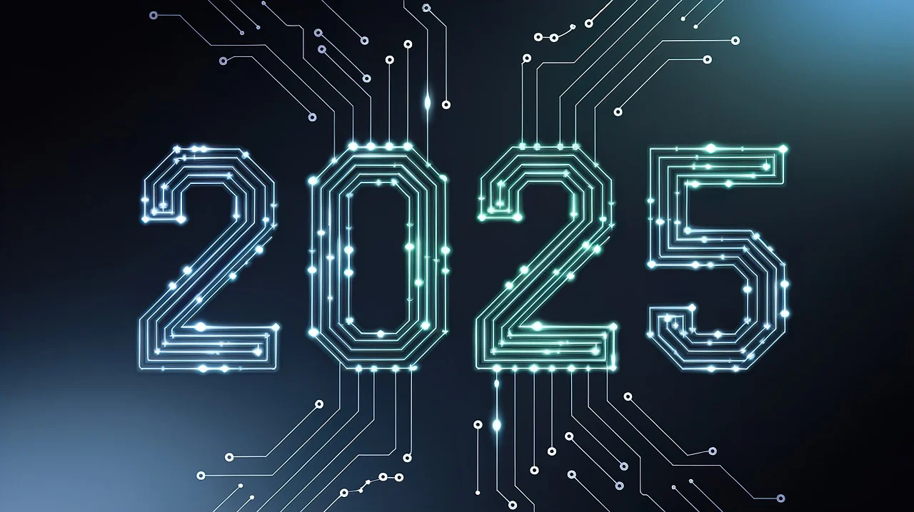 futuristic digital representation of the year 2025, designed with glowing circuit board patterns, symbolizing technology, innovation, and the future of digital transformation